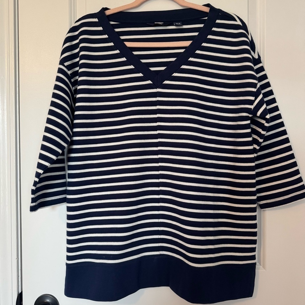 Lands End Navy and White Striped V-Neck Women's Medium Petite Top